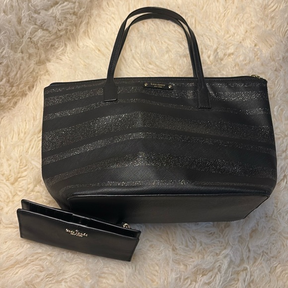 kate spade Handbags - Kate Spade New York 2 piece. Sparkle Stripe Bag and Slim Black Matching Wallet.